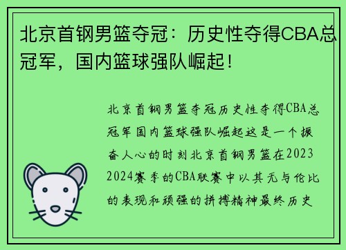 北京首钢男篮夺冠：历史性夺得CBA总冠军，国内篮球强队崛起！