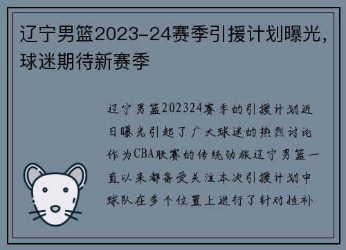 辽宁男篮2023-24赛季引援计划曝光，球迷期待新赛季