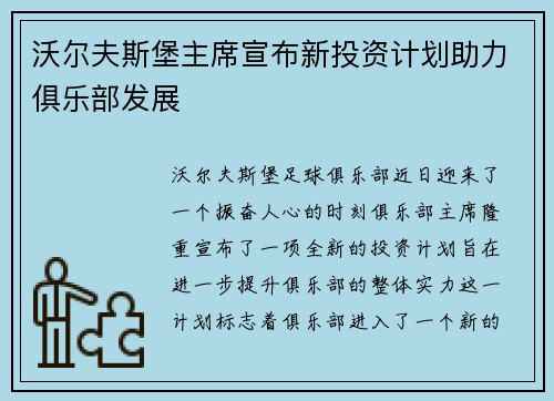 沃尔夫斯堡主席宣布新投资计划助力俱乐部发展